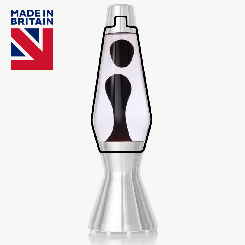 Mathmos Astro lavos lempos butelis su juoda lava ir skaidriu skysčiu baltame fone