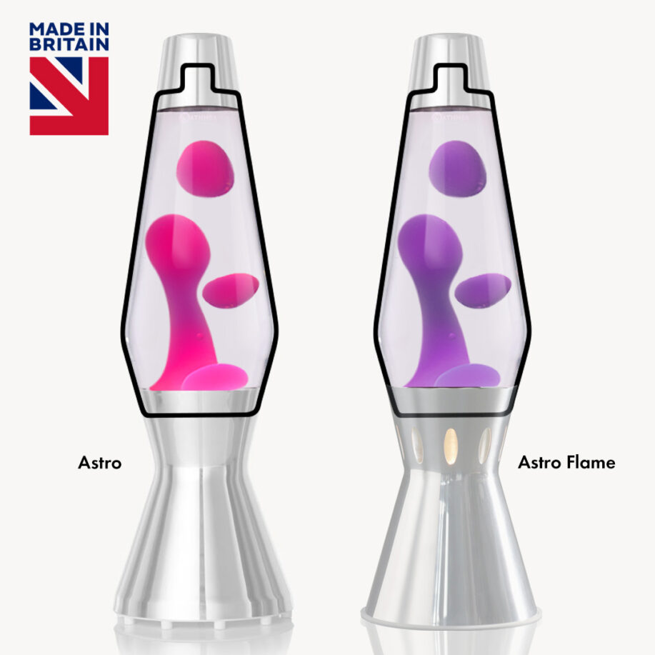 Mathmos Astro lavos lempos butelis su rožine lava ir skaidriu skysčiu baltame fone