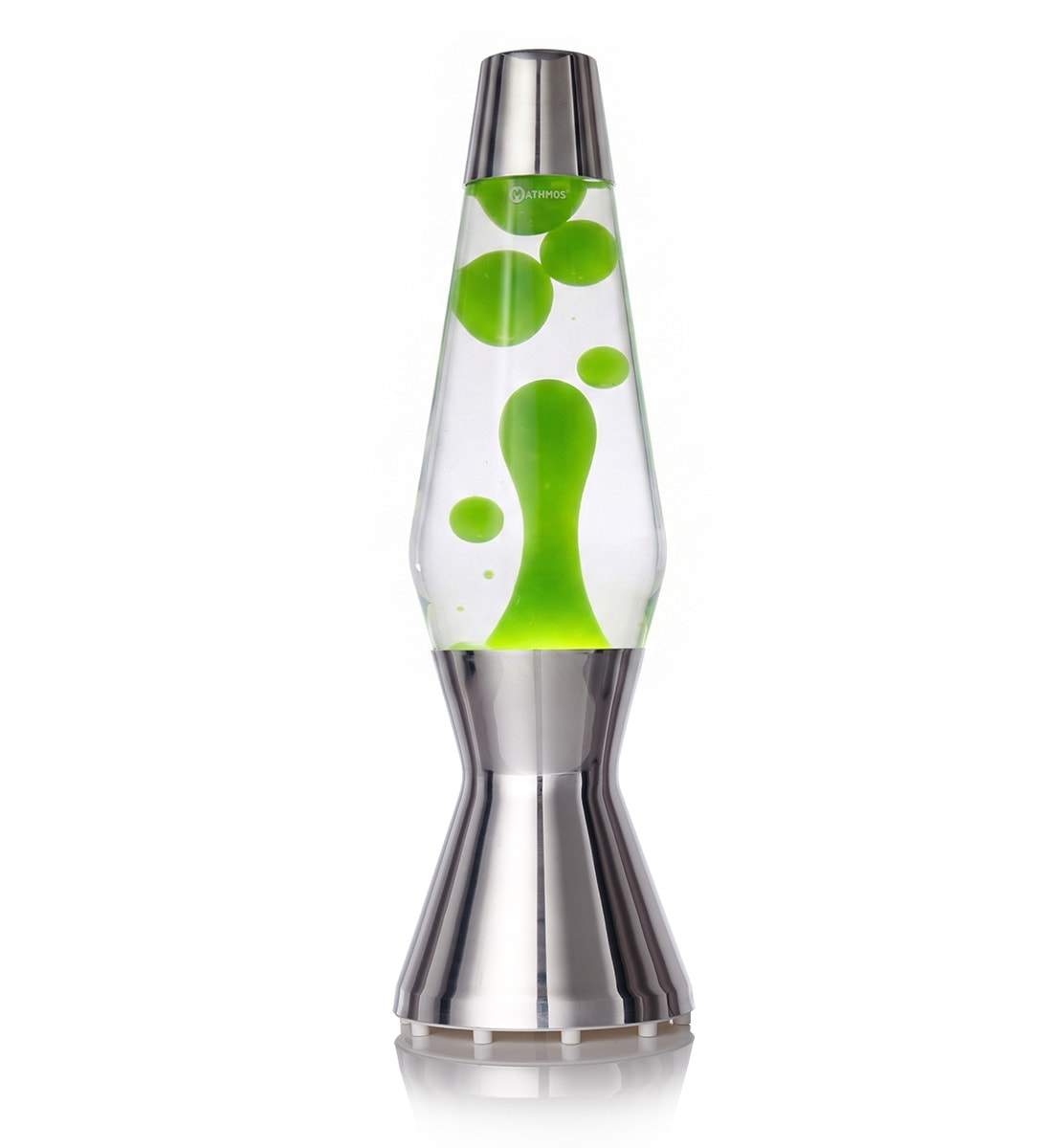 Mathmos Astro lavos lempa su žalia lava ir skaidriu skysčiu sidabriniame korpuse baltame fone