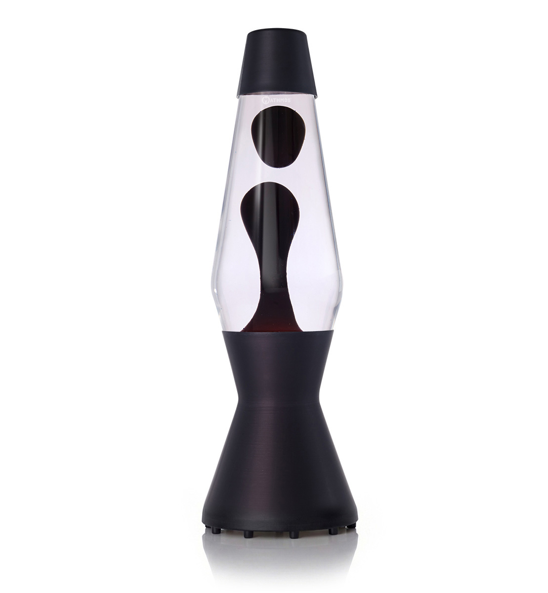 Mathmos Astro lavos lempa su juoda lava ir skaidriu skysčiu juodame korpuse baltame fone