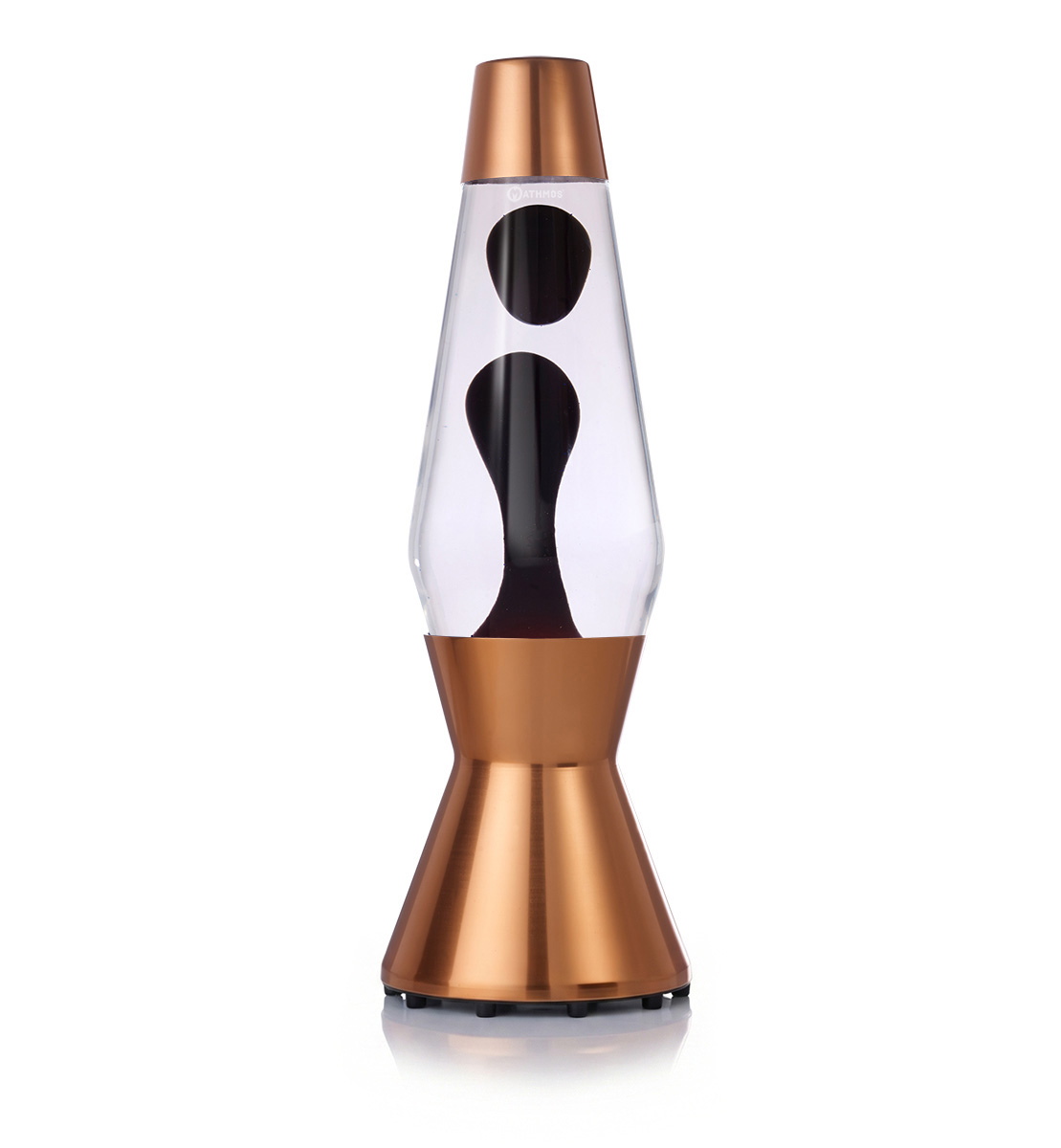 Mathmos Astro lavos lempa su juoda lava ir skaidriu skysčiu vario spalvos korpuse baltame fone