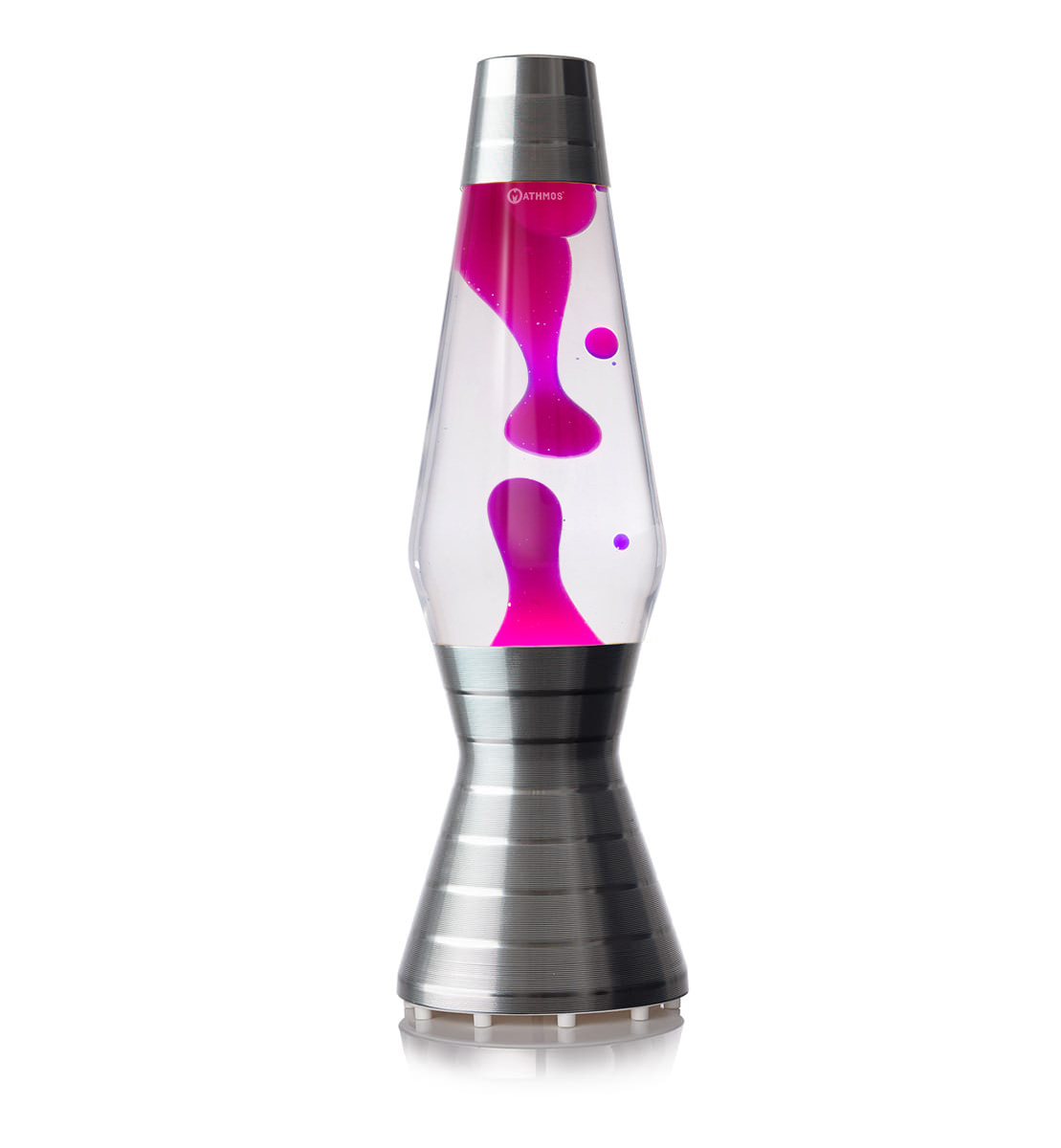 Platininė Mathmos Astro Vinyl lavos lempa su skaidriu skysčiu ir rožine lava baltame fone