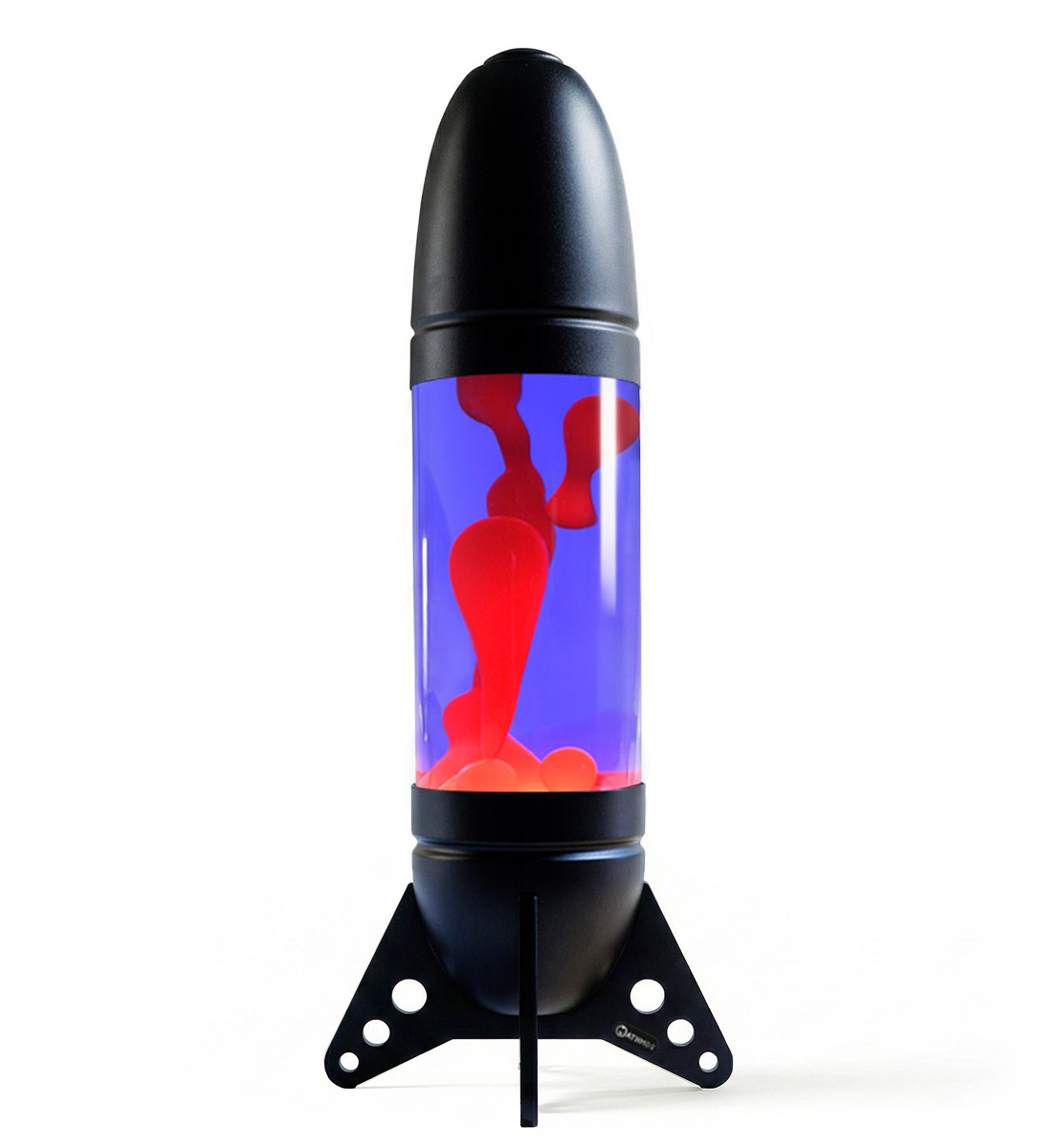 Mathmos Rokit milžiniška raketos formos lavos lempa su juodu korpusu, violetiniu skysčiu ir raudona lava baltame fone