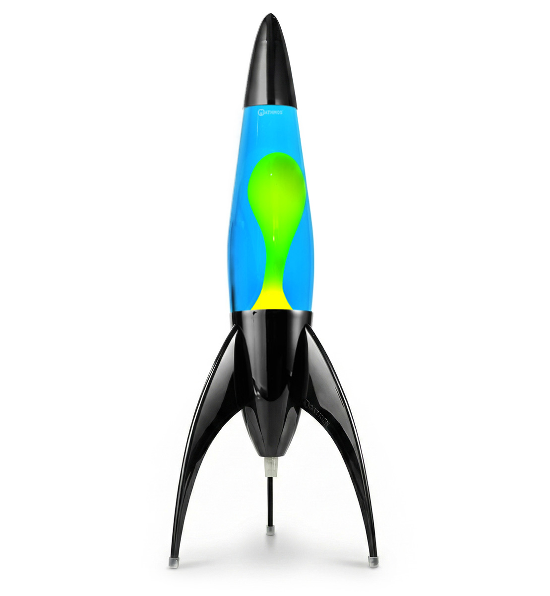 Juoda Mathmos Telstar raketos formos lavos lempa su mėlynu skysčiu ir geltona lava baltame fone