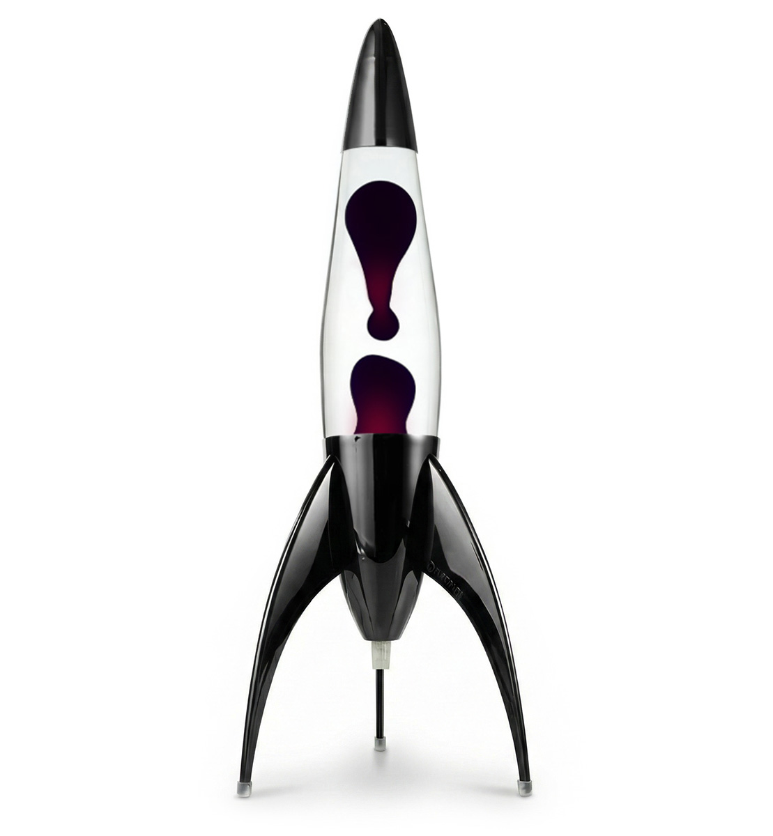 Juoda Mathmos Telstar raketos formos lavos lempa su skaidriu skysčiu ir juoda lava baltame fone