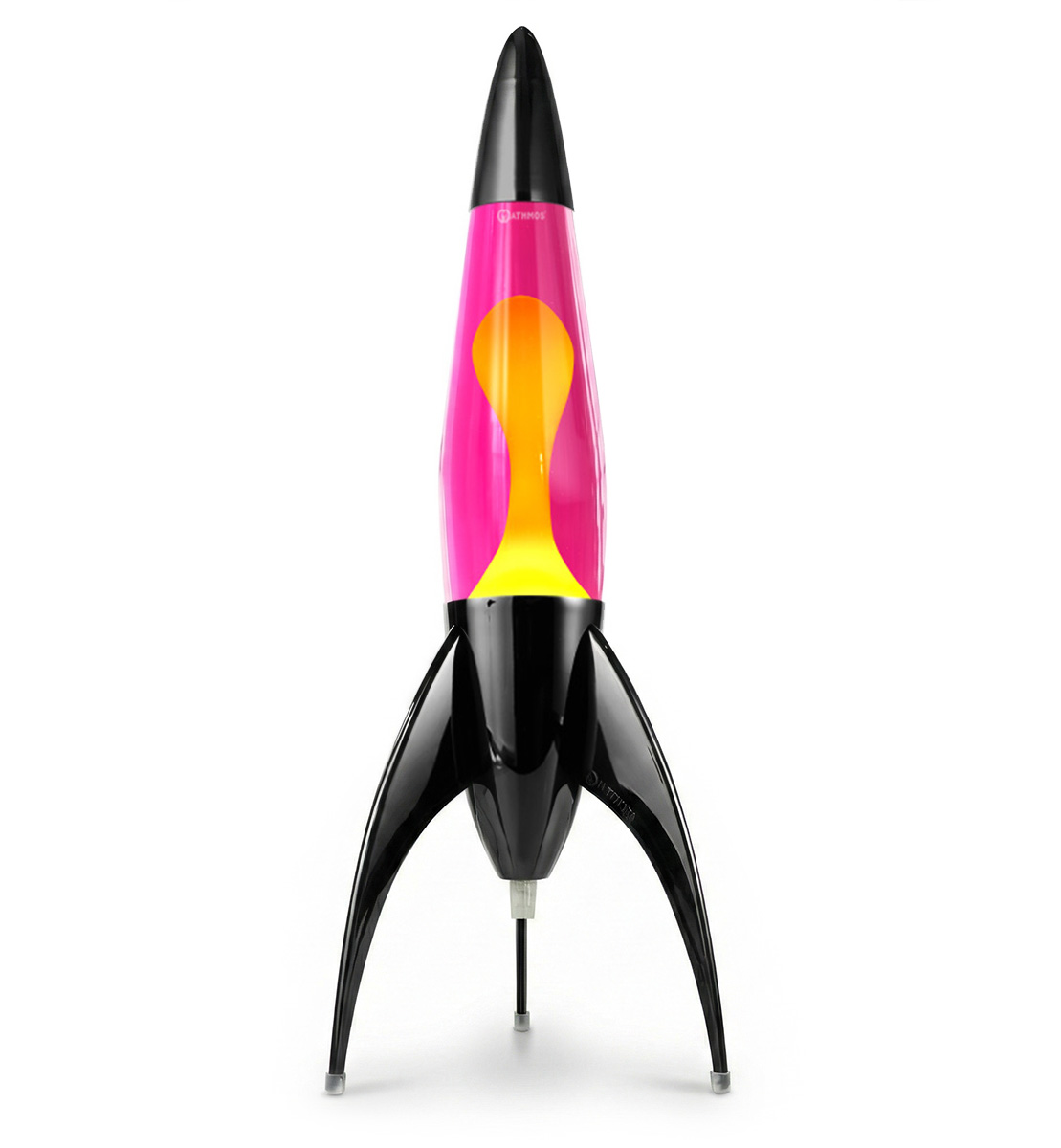 Juoda Mathmos Telstar raketos formos lavos lempa su rausvu skysčiu ir geltona lava baltame fone