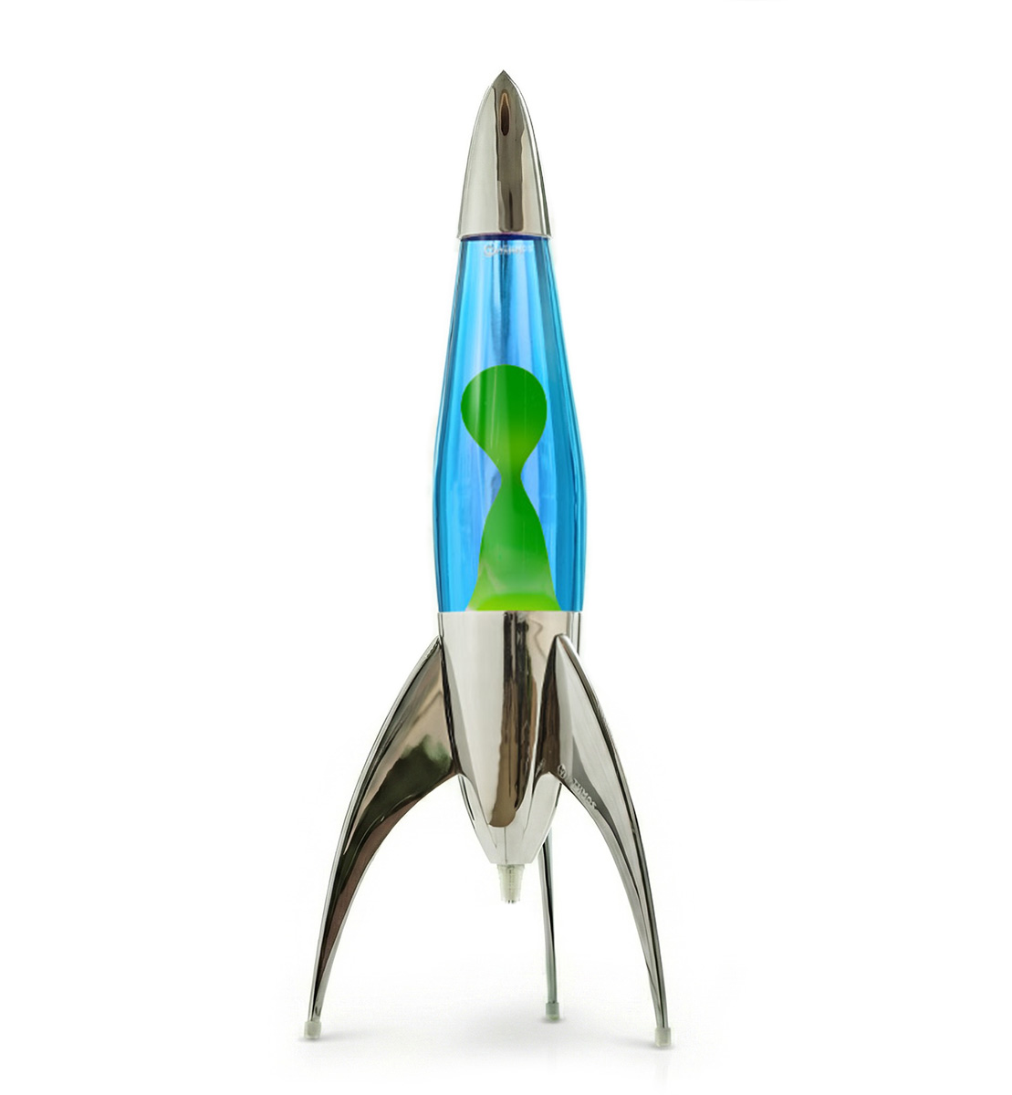 Sidabrinė Mathmos Telstar raketos formos lavos lempa su mėlynu skysčiu ir žalia lava baltame fone