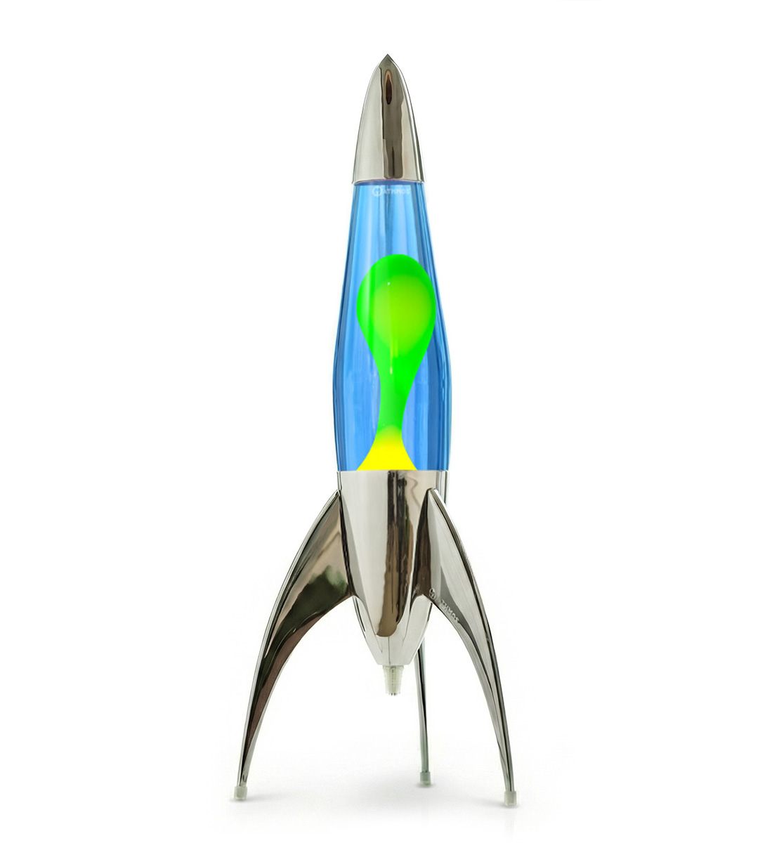 Sidabrinė Mathmos Telstar raketos formos lavos lempa su mėlynu skysčiu ir geltona lava baltame fone