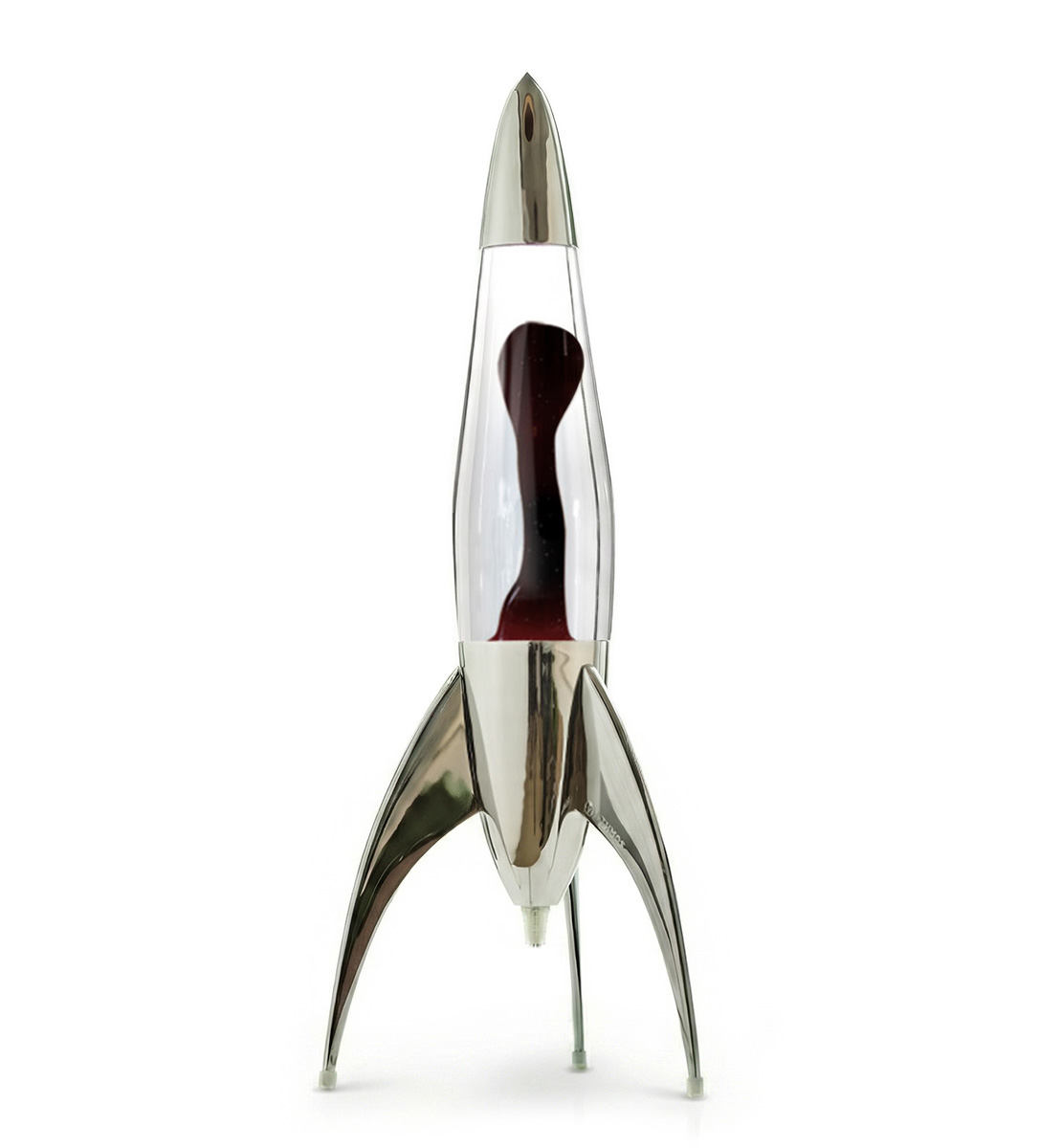 Sidabrinė Mathmos Telstar raketos formos lavos lempa su skaidriu skysčiu ir juoda lava baltame fone