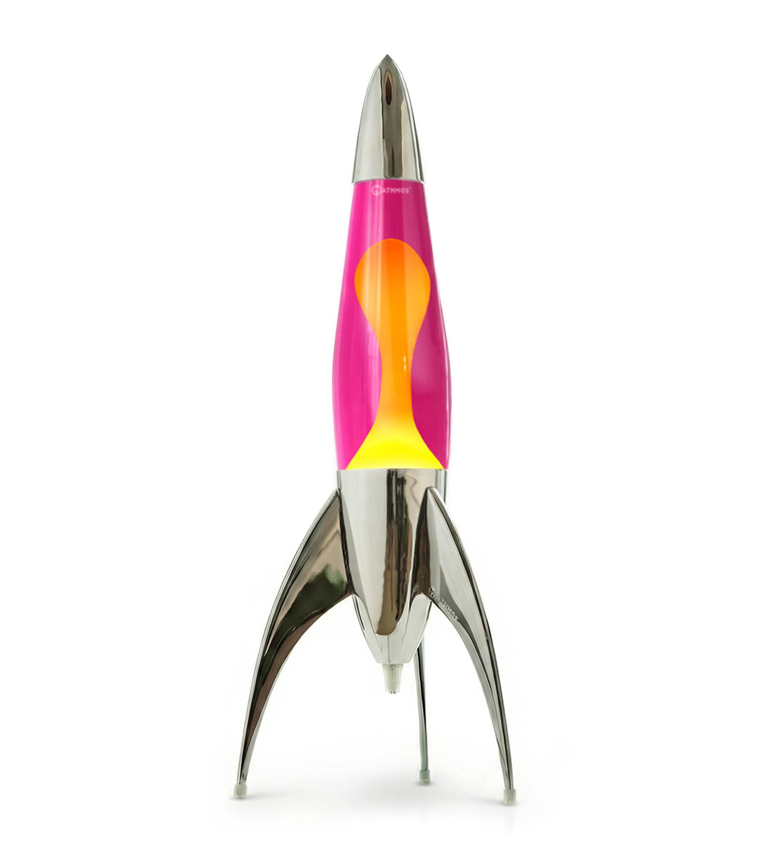 Sidabrinė Mathmos Telstar raketos formos lavos lempa su rausvu skysčiu ir geltona lava baltame fone