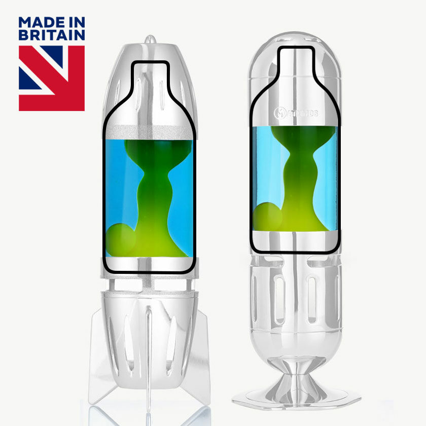 Mėlynas Mathmos lavos lempos butelis su geltona lava, pavaizduotas Fireflow ir Telstar modelių kontūruose su „Made in Britain“ logotipu
