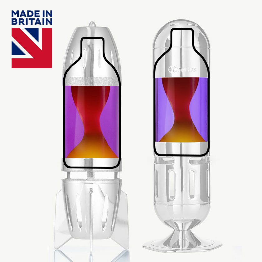 Violetinis Mathmos lavos lempos butelis su oranžine lava, pavaizduotas Fireflow ir Telstar modelių kontūruose su „Made in Britain“ logotipu
