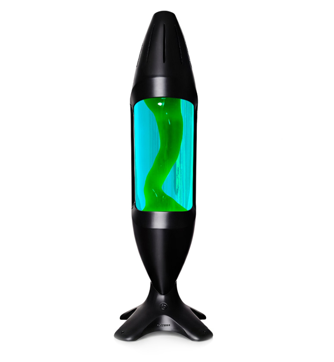 Mathmos iO didelė lava lempa su juodu korpusu, mėlynu skysčiu ir žalia lava, modernus interjero akcentas baltame fone