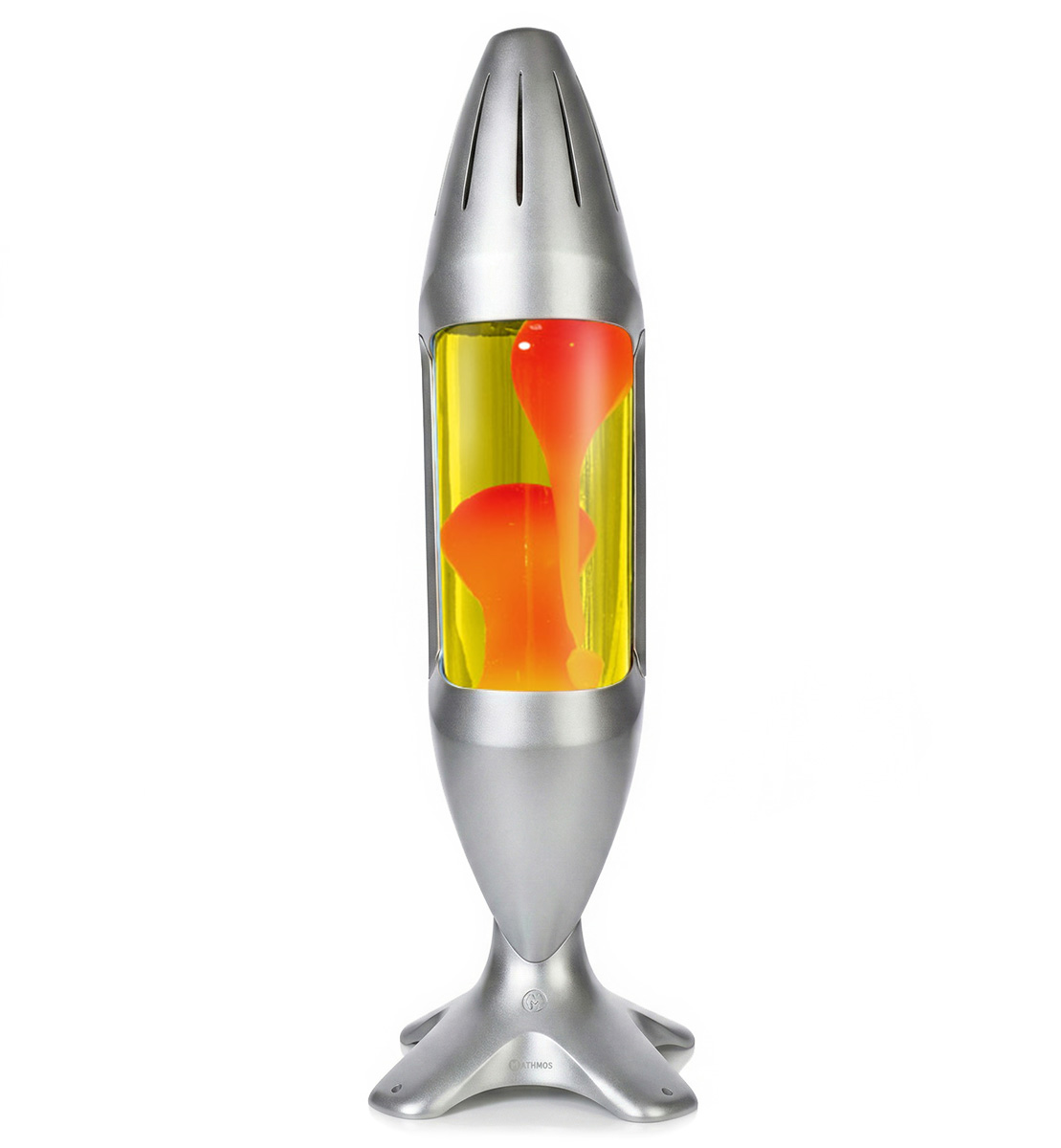 Mathmos iO didelė lava lempa su sidabriniu korpusu, geltonu skysčiu ir oranžine lava, modernus dizainas baltame fone