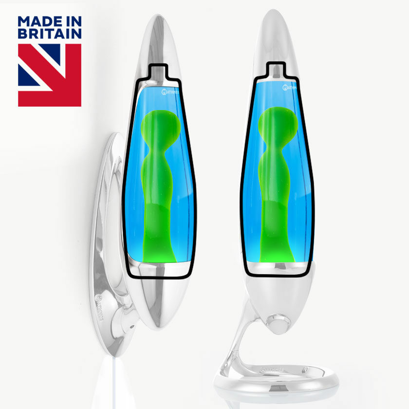 Mathmos Neo lava lempos keičiamas buteliukas su mėlynu skysčiu ir žalia lava, originali atsarginė dalis baltame fone