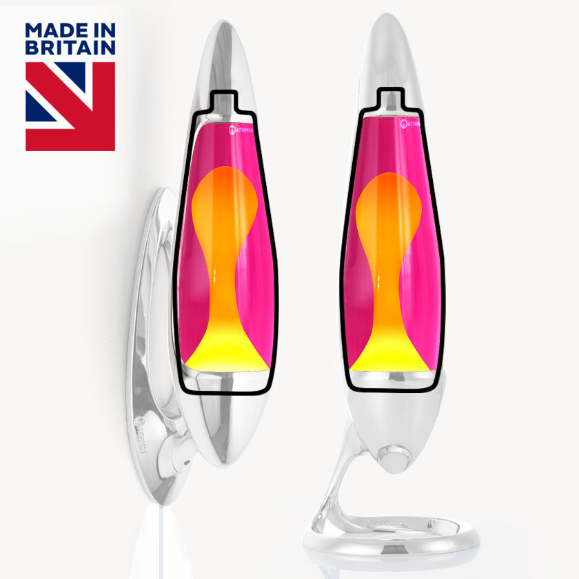 Mathmos Neo lava lempos keičiamas buteliukas su rausvu skysčiu ir geltona lava, originali atsarginė dalis baltame fone