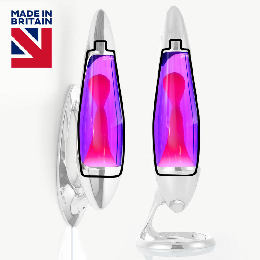 Mathmos Neo lava lempos keičiamas buteliukas su violetiniu skysčiu ir rausva lava, originali atsarginė dalis baltame fone