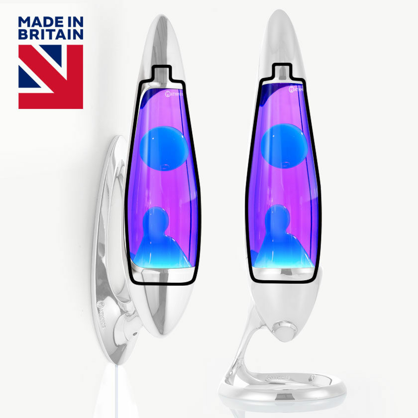 Mathmos Neo lava lempos keičiamas buteliukas su violetiniu skysčiu ir turkio spalvos lava, originali atsarginė dalis baltame fone