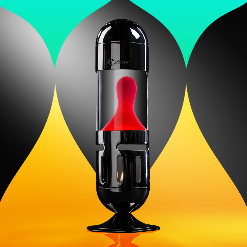 Viena juoda Mathmos Pod žvakinė lavos lempa su skaidriu skysčiu ir raudona lava grafiniame fone