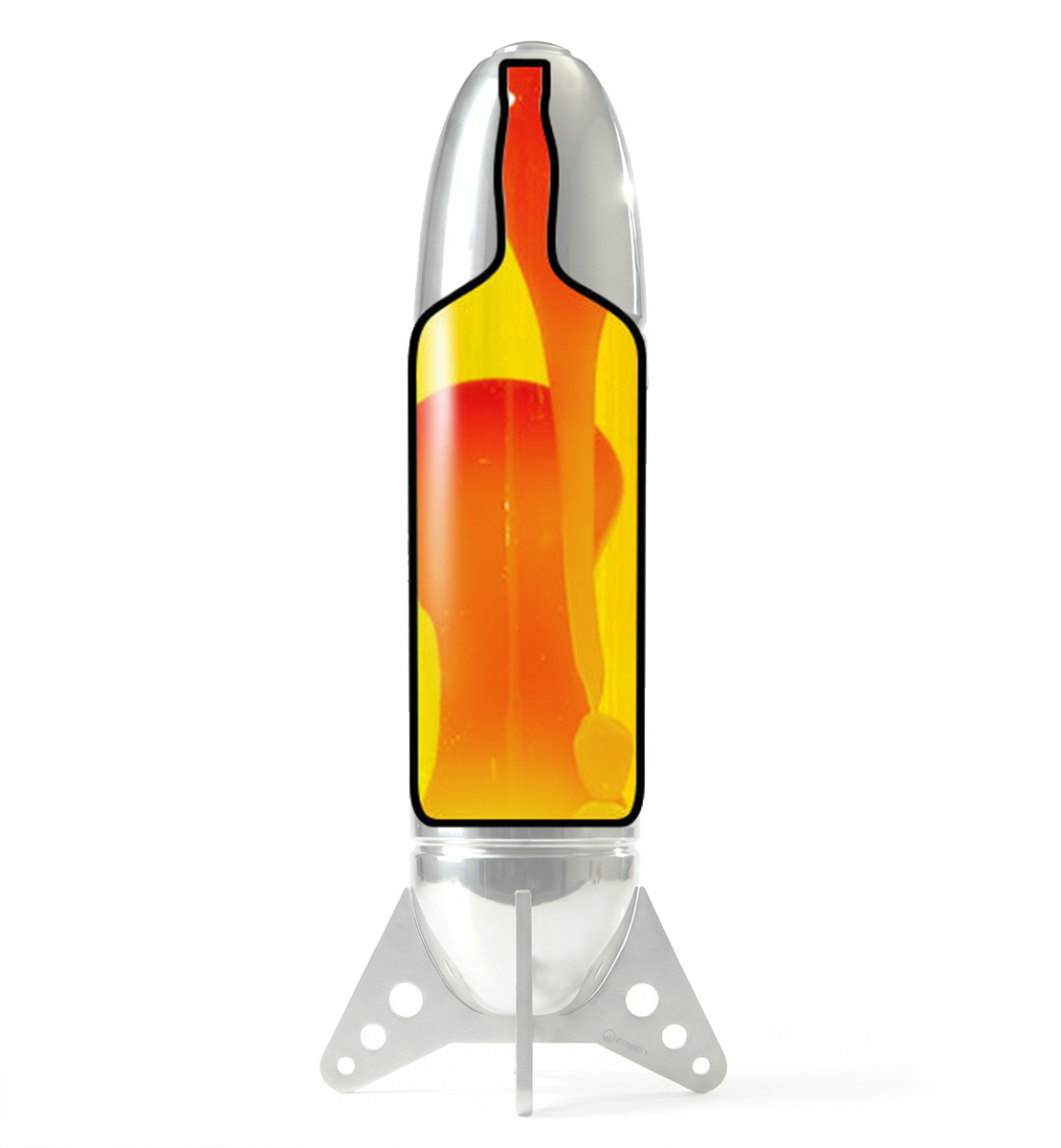 Mathmos Rokit lavos lempos butelis su geltonu vandeniu ir oranžine lava