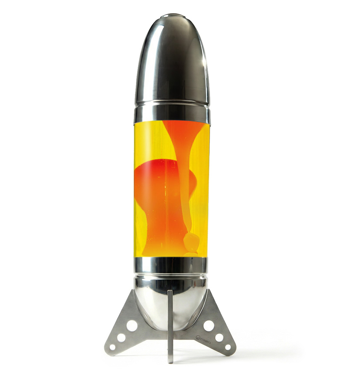 Mathmos Rokit milžiniška raketos formos lavos lempa su poliruotu korpusu, geltonu skysčiu ir oranžine lava baltame fone