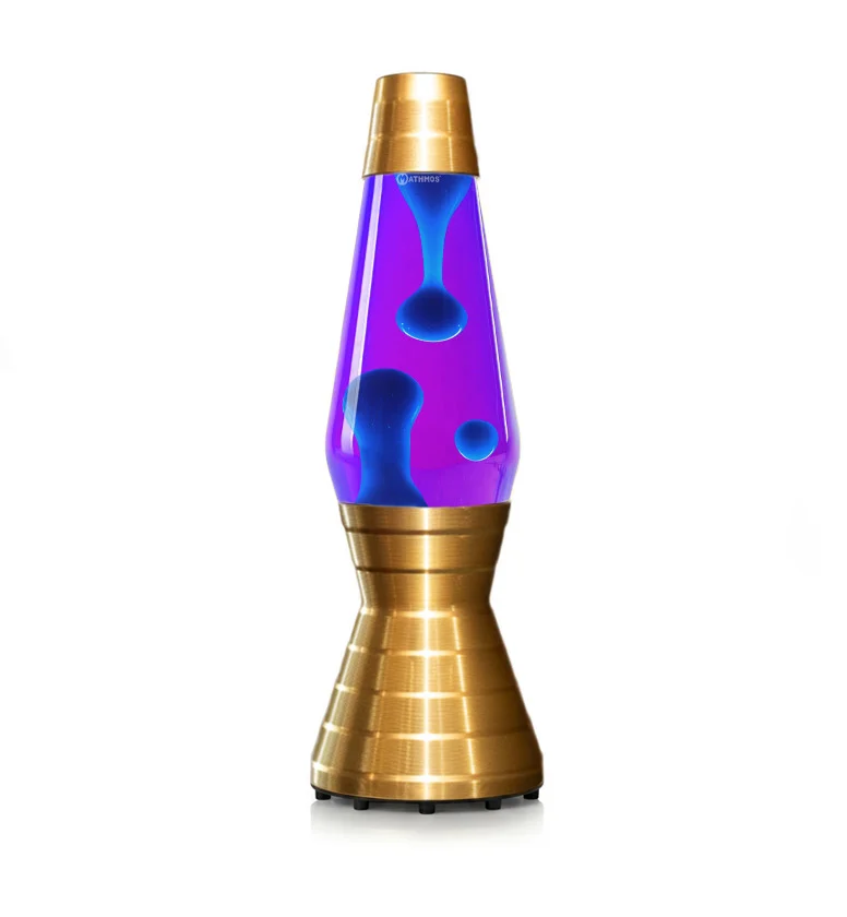 Auksinė Mathmos Astro Vinyl lavos lempa su violetiniu skysčiu ir mėlyna lava baltame fone