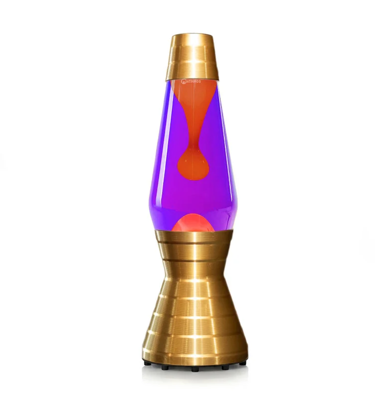 Auksinė Mathmos Astro Vinyl lavos lempa su violetiniu skysčiu ir oranžine lava baltame fone