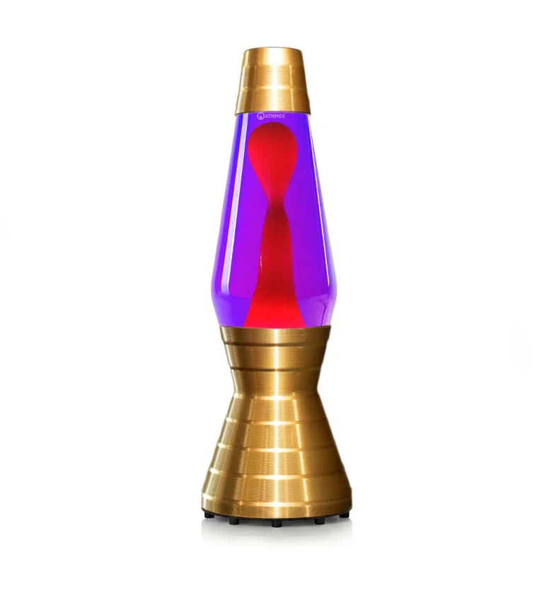 Auksinė Mathmos Astro Vinyl lavos lempa su violetiniu skysčiu ir raudona lava baltame fone